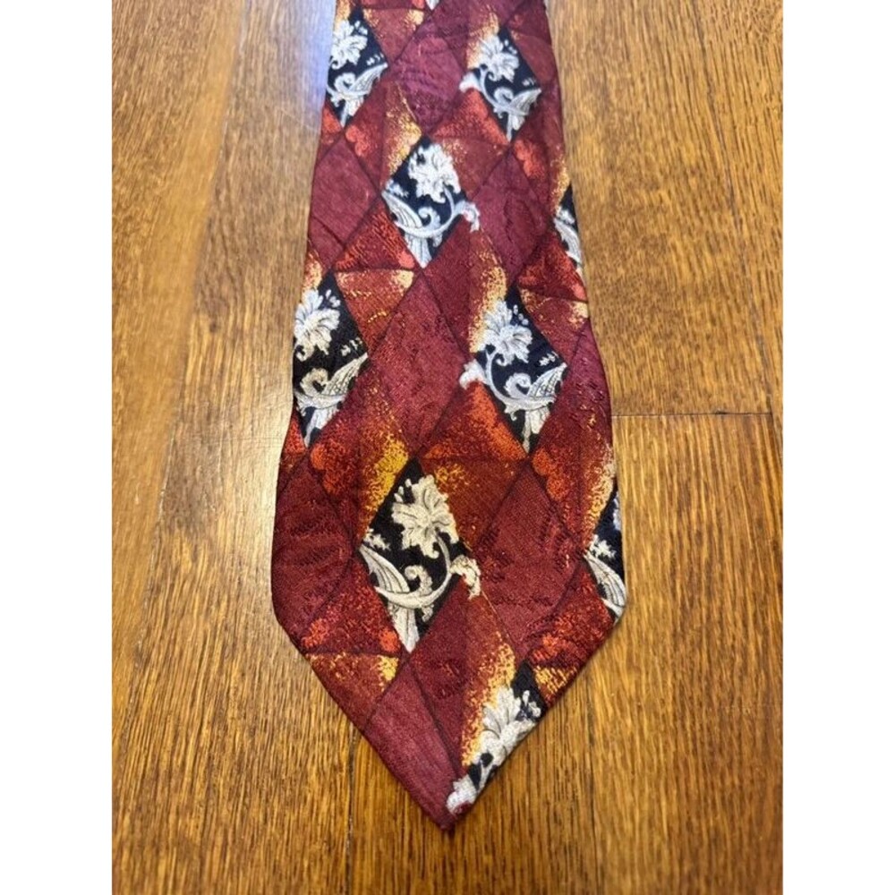 Vintage Ermenegildo Zegna Silk Tie Red Orange Diamond Baroque Floral Renaissance